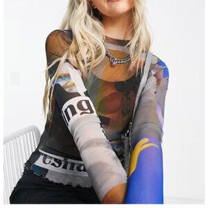 Urban Revivo Long Sleeve Printed Mesh Top in Blue